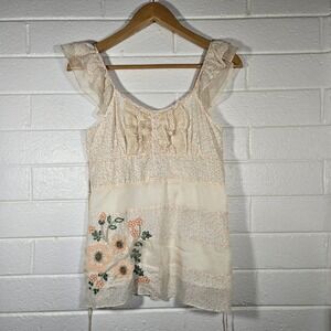 Dejavu‎ Silk Cotton Floral Embroidered Ruffle Tank Top Large Cottagecore Western